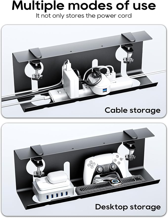 NODOCA No Drill Under Desk Cable Management Tray, 17'' Wire Management, Punch-Free Clamp on, Metal Cable Tray, Wire Organizer Under Desk, Under Desk Basket for Office and Home, Black