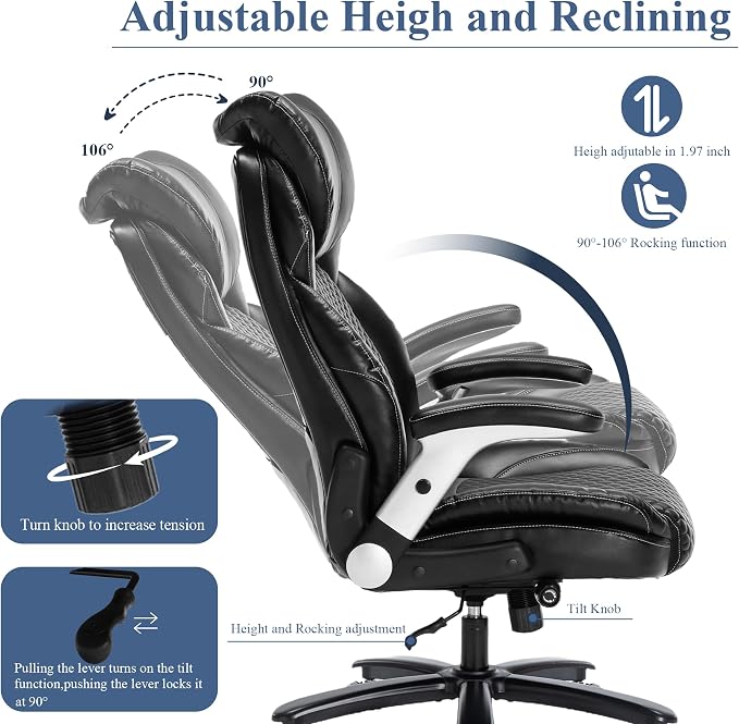 500LBS Big and Tall Office Chair, Heavy Duty Office Chair for Heavy People Computer Task Chair with Adjustable Headrest and Lumbar Support, Home Office Desk Chairs with Flip-up Armrests, Black