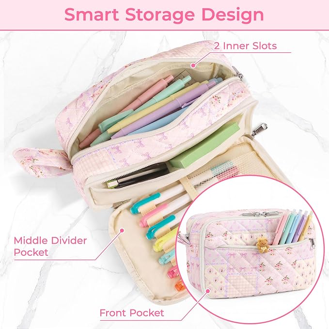 WOBAGMEN 62PCS Aesthetic School Supplies with Quilted Pencil Case, Pastel Highlighters, Gel Pens Mechanical Pencils Set, Cute Back to School Supplies, College Essentials (Purple Patchwork, M)