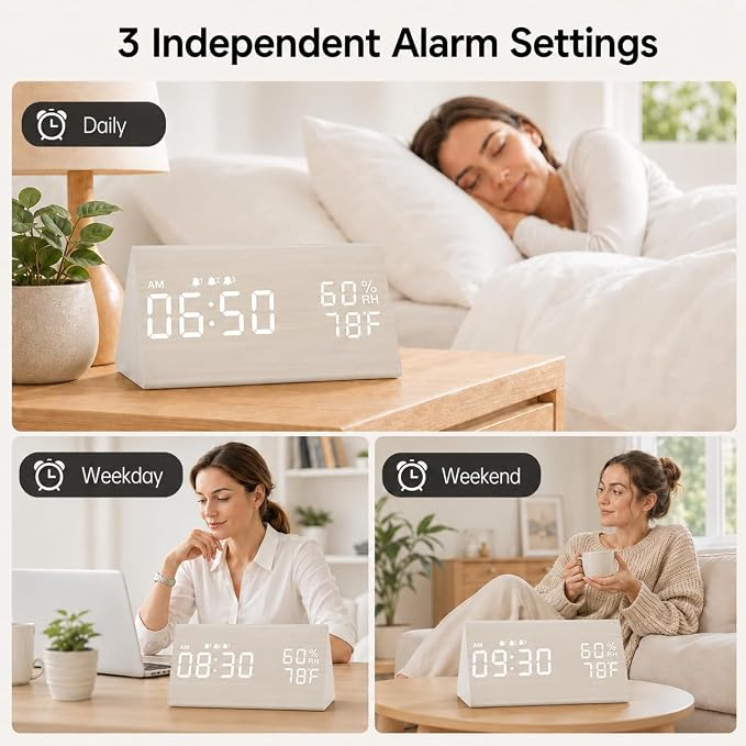 JALL Wooden Digital Alarm Clock for Bedrooms and Office, 3 Alarms with Big Digits, Humidity and Temperature Display, 6-Level Dimmer, Snooze, Loud Desk Clock for Heavy Sleepers, Plug in (White)