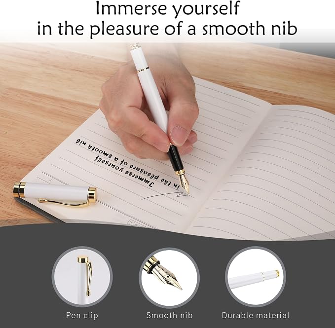 Tiankool Luxury Fountain Pen,Fine Nib, Exquisite Pen Gift Set for Men&Women-Includes 10 Ink Cartridges&Ink Converter- Nice Pens - White