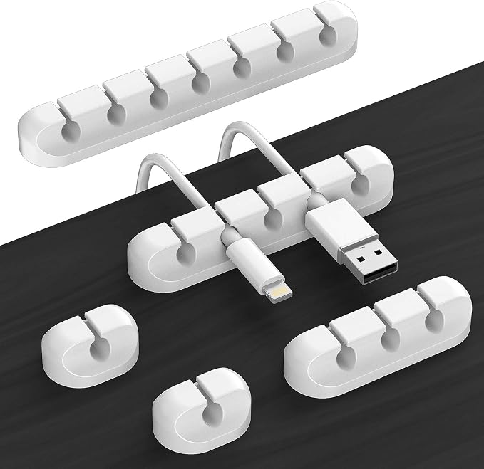 Cord Holder Cable Organizer Clips Cord Organizer for Desk, Nightstands | Self Adhesive, Office, Car, White Silicone Cord Keeper, Cable Management, Wire Holders for phone charger Cords