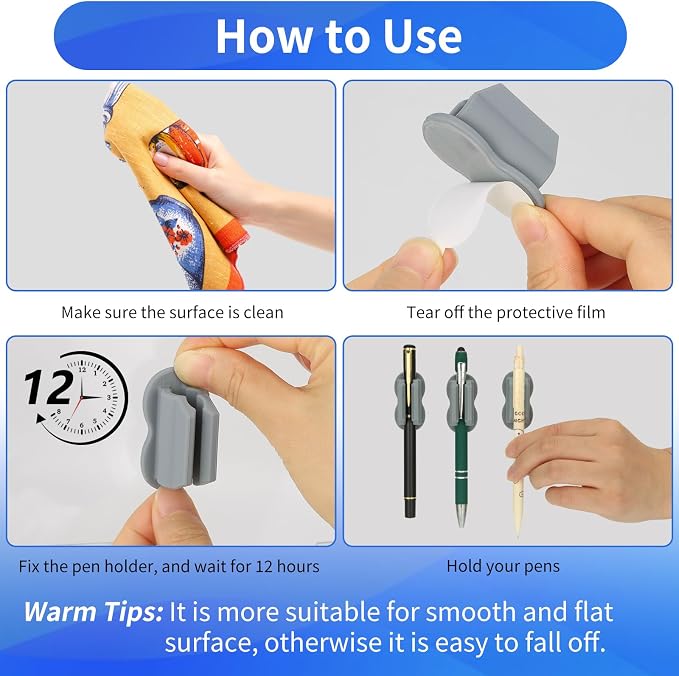Biottro 12PCS Pen Holder for Desk, Upgraded Adhesive Pen Pencil Holder for Desk Wall Clipboard Car Silicone Pens Markers Pencils Organizer Teacher Supplies Office Supplies (12PCS Gray)