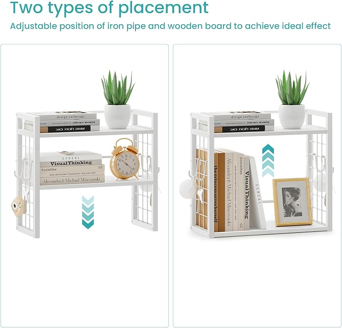 ELITEROO Desk Shelf Organizer, Tiered Wood Desktop Book Shelf, White | Desk Top Storage Rack, Freestanding Tabletop Organizer for Top of Desk, Office Supplies, Books & Decorations