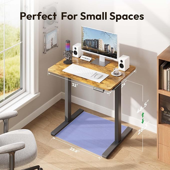 32 x 24 Inch Height Adjustable Standing Desk, 3 Presets, Brown | 32 x 24 in Desktop, 28.3–46.5 in Height, 2+3 Controls, ≤45 dB, 154 lb Capacity, 2 Hooks