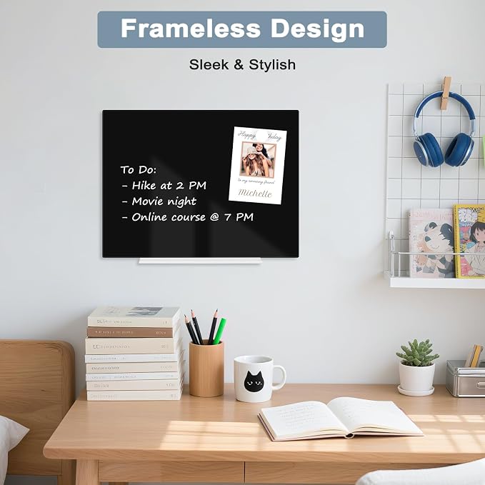 Magnetic Glass Whiteboard, 16" x 12", Frameless Wall Mount, Black | Glass Dry Erase Board for Wall, Includes 1 Marker Tray and 4 Magnets, White Board for Office, Home, Classroom