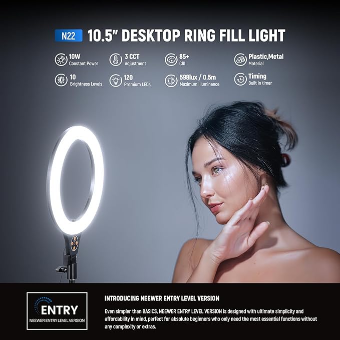 NEEWER Entry Level Version 10.5" Desk Ring Light with Stand/Phone Holder Compatible with iPhone/Remote, 10W CRI85+ LED Lighting for Streaming Recording Makeup Selfie Laptop Video Conference, N22