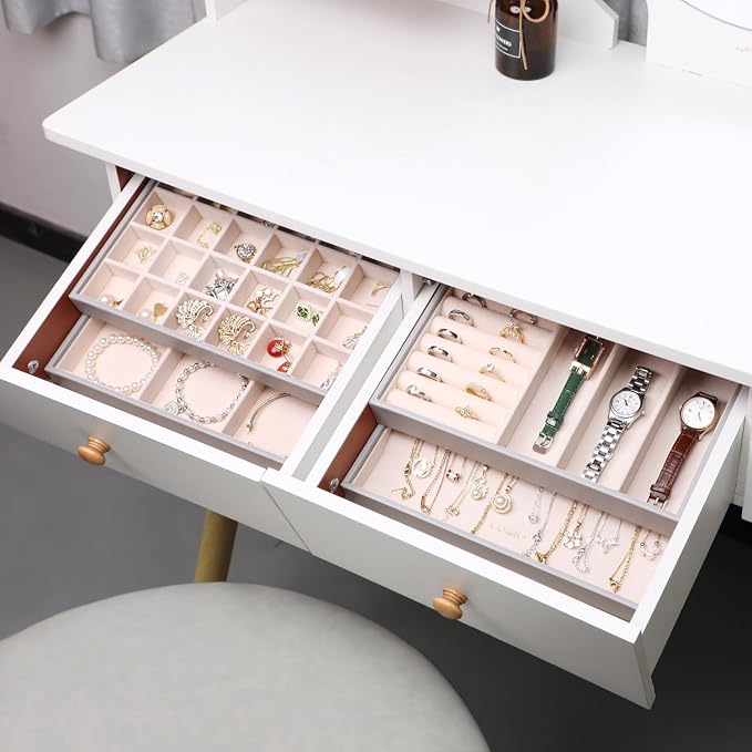 LANDICI Stackable Jewelry Organizer Trays 4 Set,PU Leather Jewelry Organizer Drawer,Jewelry Storage Display Tray for Earring Necklace Rings Bracelet with Removable Dividers,Grey