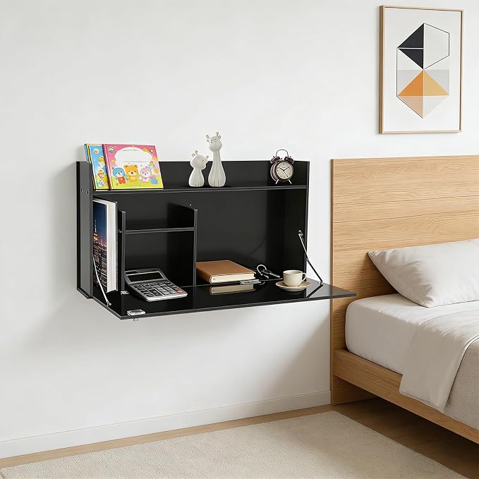 Wall-Mounted Foldable Desk Cabinet with Storage Drawers, Space-Saving PVC Organizer for Home Office, Study Room, Bedroom, Small Apartment & Remote Work (Black)