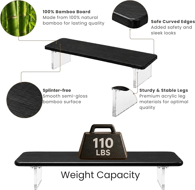 Bamboo Monitor Riser, Wide Desktop Monitor Stand for Desk with Clear Acrylic Legs, 31.5 x 8 inch Bamboo Wood Shelf, Fit Keyboard, Home Office Workspace Accessories,Study Stationaries Storage (Black)