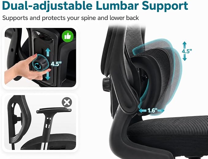 Ergonomic Office Chair with Adjustable Headrest & Lumbar Support, High Back Mesh Desk Chair, 330 LBS Capacity Swivel Computer Chair with Flip-Up Arms, Home Office Gaming Chair(Black)