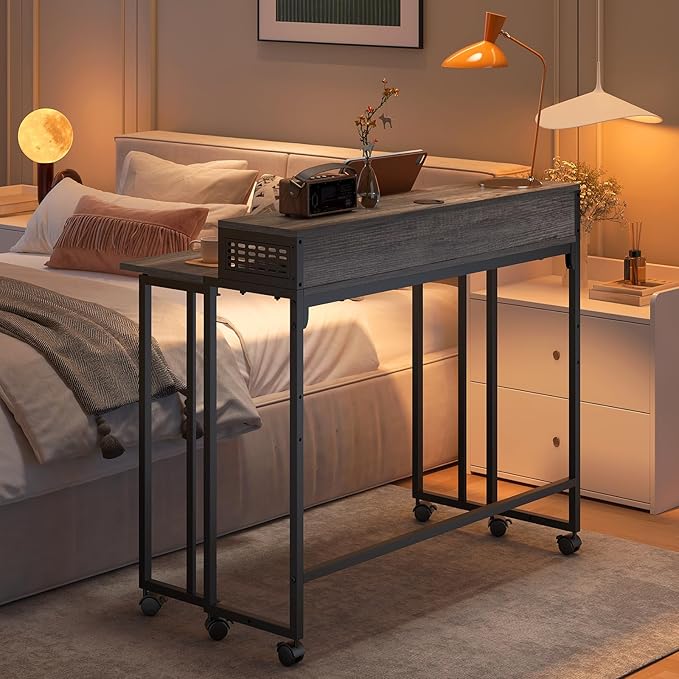 Gezen Folding Desk With Storage Shelf, Small Rolling With Wheels, Mobile Couch Sofa Side Table Bed for Home Office Small Space, Dark Grey, 39.4"