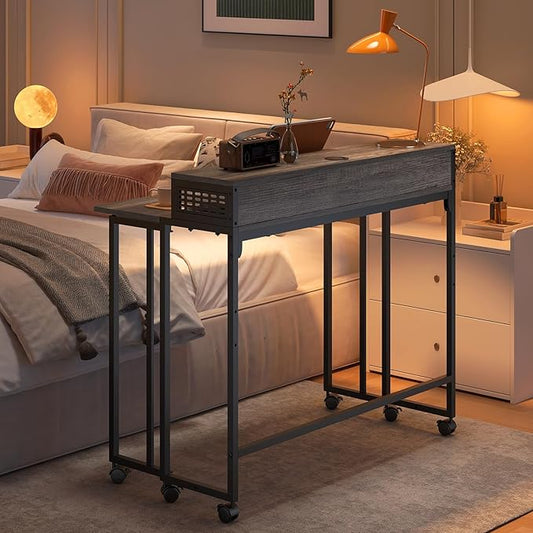 Gezen Folding Desk With Storage Shelf, Small Rolling With Wheels, Mobile Couch Sofa Side Table Bed for Home Office Small Space, Dark Grey, 39.4"
