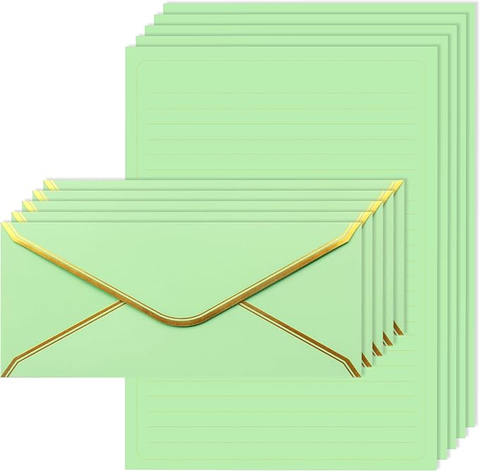 J6&H6 Gold Thread Stationary Paper and Envelopes Set Including 12 Standard Sized Phnom Penh Envelopes and 24 Sheets of Lined Paper Suitable for Daily Emotional Expression Formal Communication(green)
