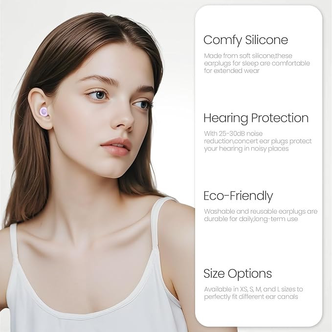 JUSTRVN Ear Plugs for Sleeping,2 Pairs of Noise Reduction Earplug for Concert&Study, Hearing Protection Earplugs -30dB with 4-Size Tips,Reusable Silicone Earplugs for Comfort,Focus and Loud Events
