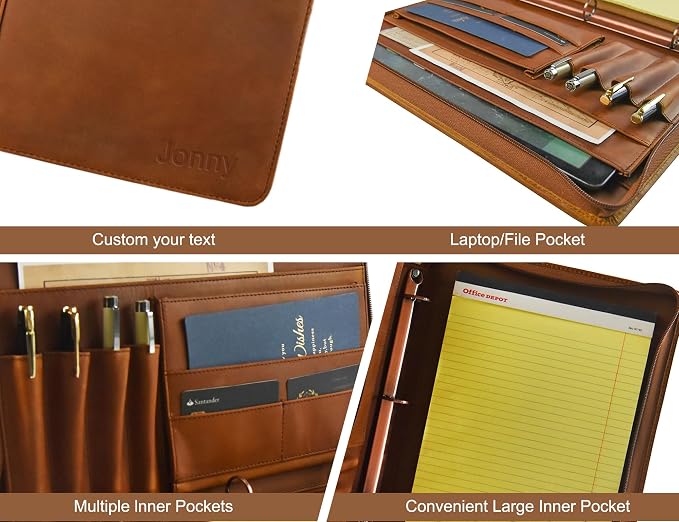 Personalized Genunie Leather Portfolio Binder, Customized Leather Portfolio for Men,Business Portfolio Organizer for A4 Size Notepad, Customized Gift