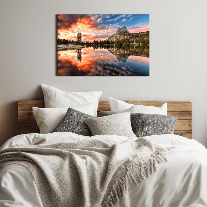 Lake Mountain Wall Art American National Parks Landscape Pictures Wall Decor Nature Green Pine Trees Scenery Canvas Prints Spring Forest Posters USA Country Painting Artwork Bathroom Decoration 24x36"