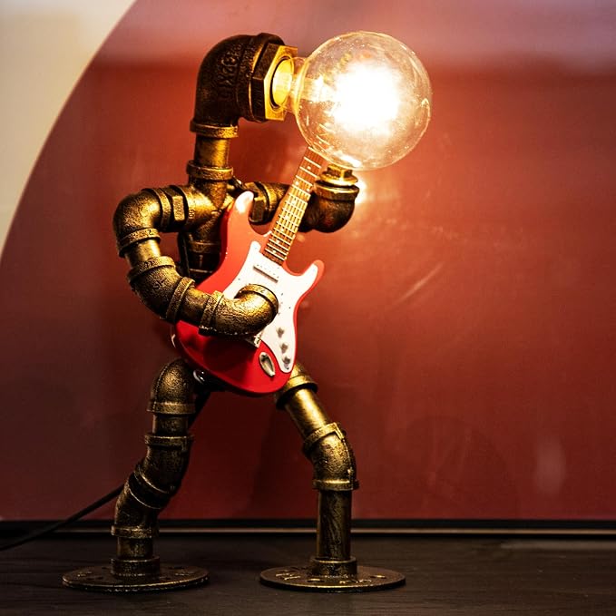 Music Guitar Table Lamp Art Decor ，Steampunk Table Lamp,Retro Guitars Steampunk lamp,Cool Industrial Metal Tube Robot Lamp Guitar Stuff Present for Men Music Lovers
