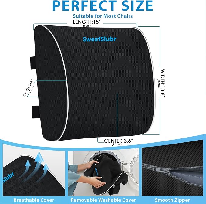 SweetSlubr Large Lumbar Support Pillow for Office Chair, Car Seats and Home Desks, Ergonomic Back Support with Double Adjustable Straps, Machine Washable Cover (Black,XL)