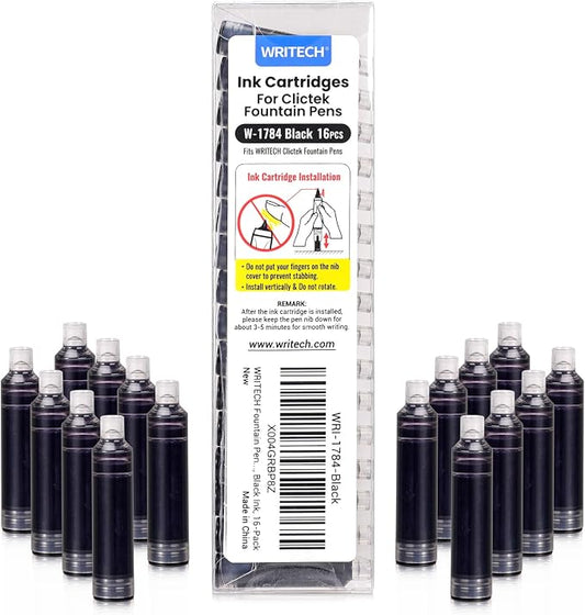 WRITECH W-1784 Cartridge Black Ink: 16ct Black Ink Cartridges Set Clictek Fountain Pens