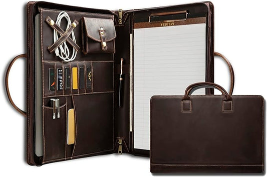 Genuine Leather Portfolio, Padfolio Organizer with Handle, Personalized Padfolio，Padfolio with Zipper for Men Women，Suitable for 15-inch Laptop Legal Pad Padfolio, Dark Brown