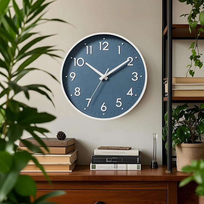 Mosewa 12 Inch Wall Clock Battery Operated Silent Non Ticking Analog | Azure Blue modern clock; oversized 3D easy-read dial for kitchen, bedroom & office; 1 AA battery (not included)