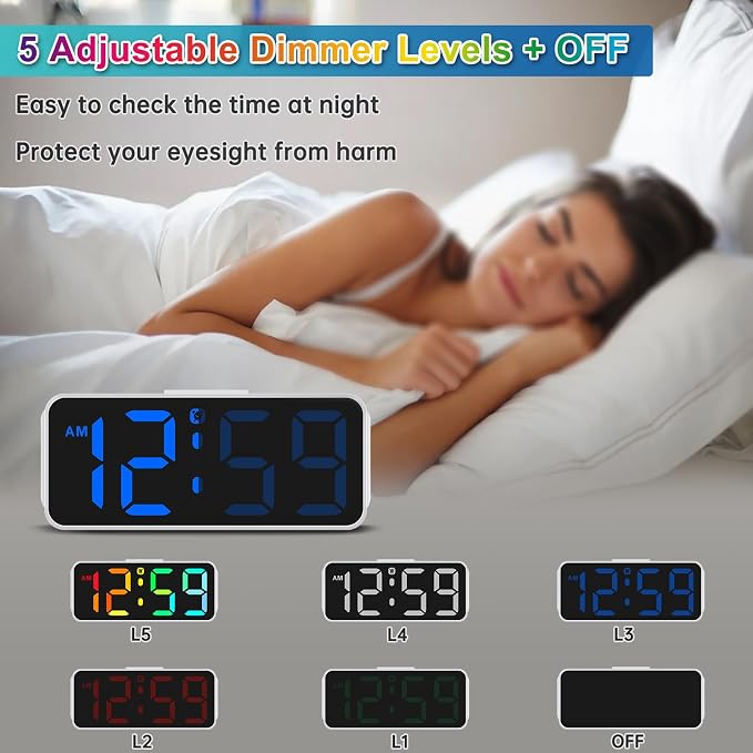 Peakeep Small Cute Digital Alarm Clock Plug in for Kids Bedroom Bedside | 8 Colorful Colors Large Display, Dimmable 6 Brightness, Corded Electric Battery Backup (White - RGB)