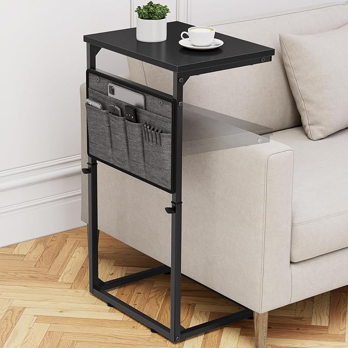 Vagusicc C Shaped End Table, 33'' Tall Side Table for Couch, Adjustable Height Small Couch Side Table for Small Spaces, Couch Table Slide Under Sofa Table TV Tray Table for Living Room Bedroom, Black