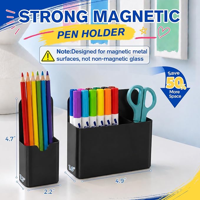 Grtard Black Magnetic Pen Holder, 4 PCS Magnetic Marker Holder for Whiteboard, Magnetic Dry Erase Marker Holder, Magnetic Pen Holder for Refrigerator, Magnetic Pencil Holder, Magnet Locker Organizer