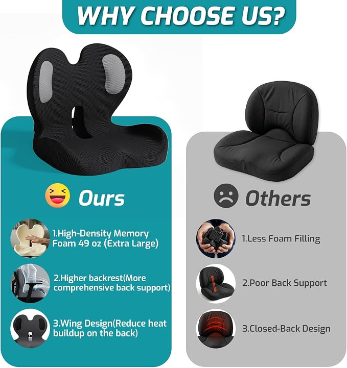 Ergonomic Seat Cushion, Office Chair Cushion with Lumbar Support Pillow, Memory Foam Seat Cushions for Office, Car, Home Chairs,Tailbone,Back Pain & Sciatica Relief,Improves Posture
