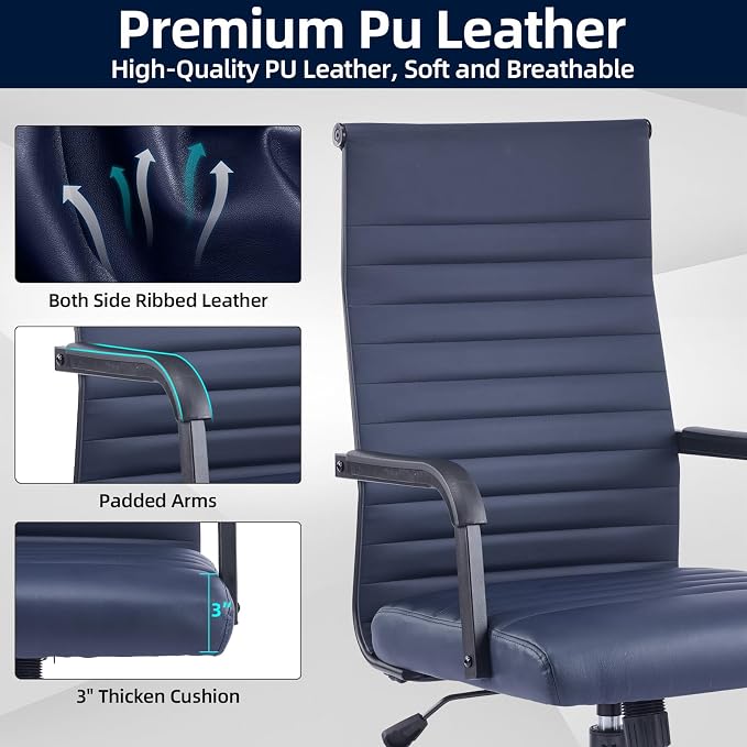 Office Chair, Ergonomic Executive Conference Room Chairs, Ribbed Leather Desk Chair with Lumbar Support, Adjustable Height Mid-Back Swivel Chair with Padded Seat