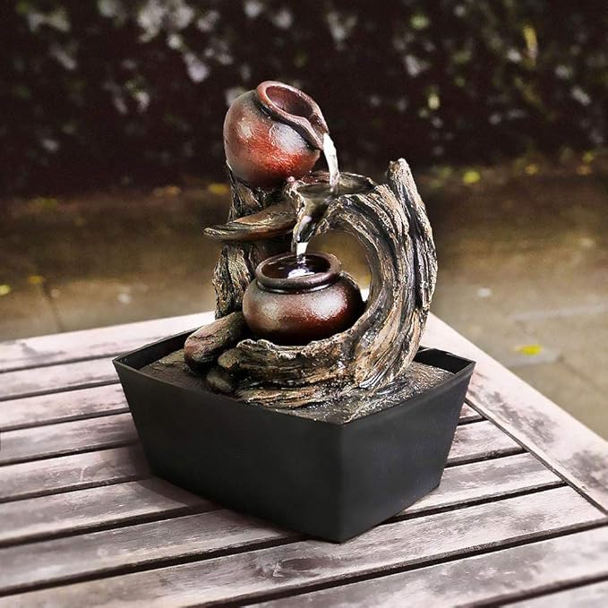 Ferrisland Tabletop Water Fountain Indoor - Tree Trunk with Jar Rustic Fountains Small Feng Shui Zen Waterfall Fountain W/LED Light & Soothing Sounds for Office Home Desktop Decor (Brown)