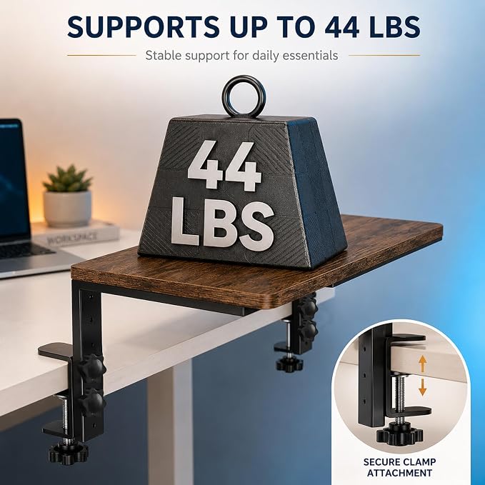 Clamp-On Desk Extender, 15 x 9.5 Inch Monitor Riser | Height options, No-drill setup, 3-in-1 use, 44 lb load, Office station, Gaming area, Brown finish