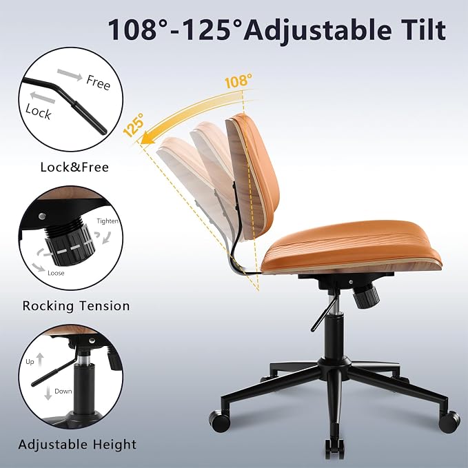 Modern Armless Office Chair with Wheels, Adjustable Swivel Desk Chair with Wide Seat and Tilt Function, Faux Leather Mid Century Task Chair for Home Office, Bedroom, Vanity, Brown