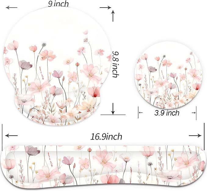 Ergonomic Mouse Pad with Wrist Rest and Keyboard Wrist Rest, Mousepad and Wrist Rest for Computer Keyboard, Non-Slip Rubber Base, Mouse Pad Wrist Support for Gaming, Office, Pink Watercolor Flower