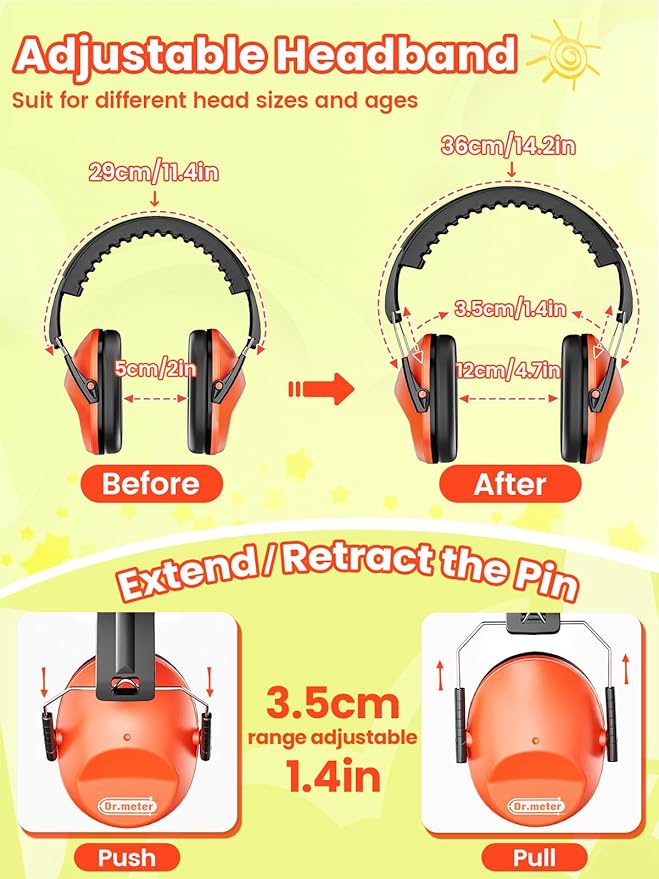Ear Muffs for Noise Reduction: 27.4SNR Noise Cancelling Headphones for Kids Adults, EM100 Adjustable Hearing Protection Earmuffs for Monster Jam, Autism Sensory, Concerts, Fireworks Orange
