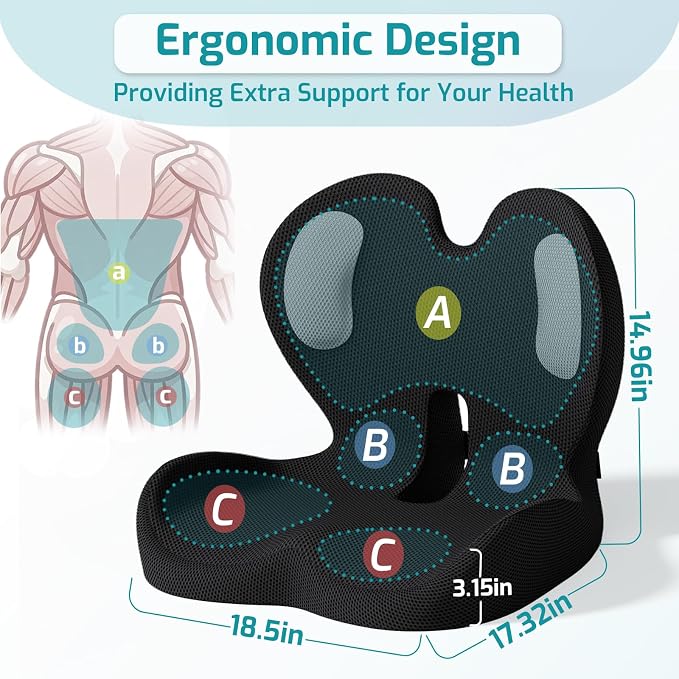 Ergonomic Seat Cushion, Office Chair Cushion with Lumbar Support Pillow, Memory Foam Seat Cushions for Office, Car, Home Chairs,Tailbone,Back Pain & Sciatica Relief,Improves Posture