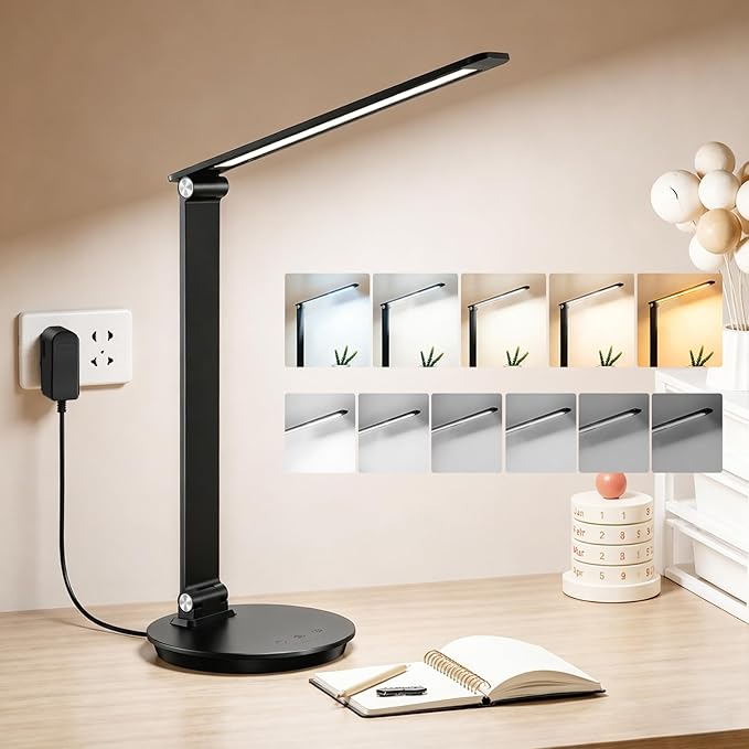LED Desk Lamp with USB Charging Port, Touch Control, 6 Brightness Levels 6 Color Temperatures, Eye-Caring Desk Light with 1-Hour Timer, Adjustable Foldable Lamp for Home Office, Bedroom, Study