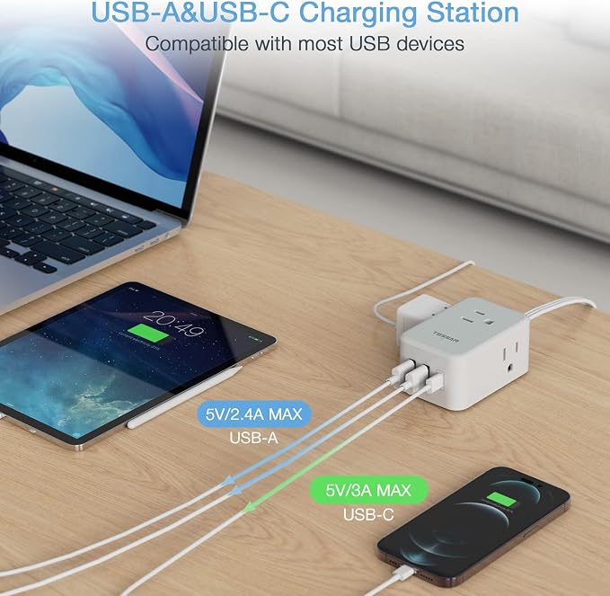 TESSAN Small Flat Plug Power Strip, Ultra Thin Extension Cord 5 ft, 3 AC Outlets with 3 USB Ports (1 USB C), Multiple Wall Outlet Extender for Cruise Travel Office School Dorm Room Essentials