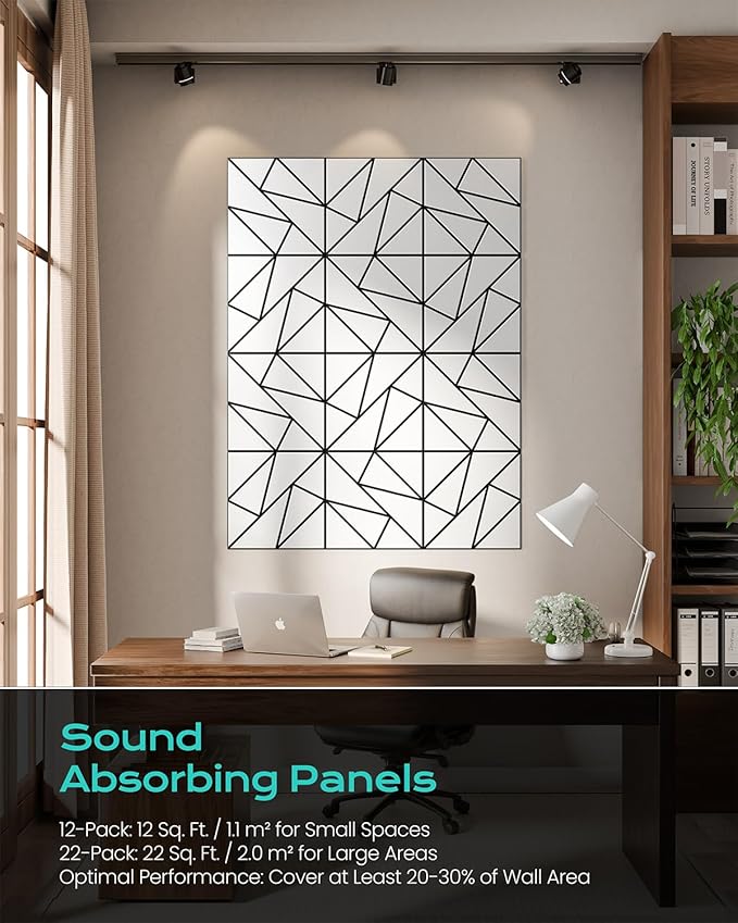 18-Pack Felt Acoustic Panels,12"x12"x0.4" Soundproof Wall Panels, Peel & Stick Sound Proof Foam Panels for Walls, Geometric Noise Reduction Panels for Home Office,Studio (White on Black)