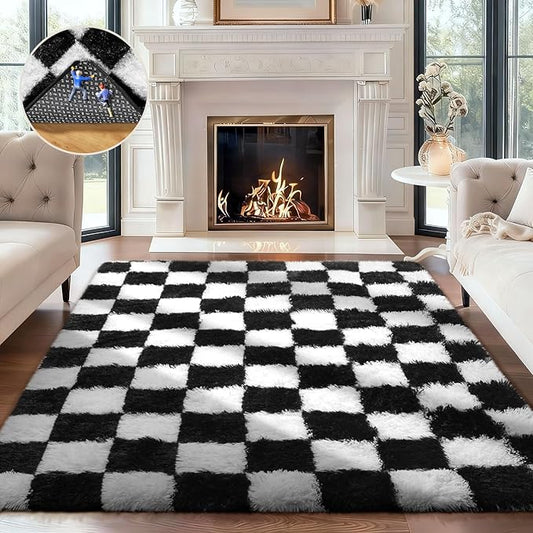Ophanie Checkered Black & White Rug for Living Room Bedroom,Fluffy Soft Cute Fuzzy Area Rugs,Shag Plush Shaggy Bedside Floor 4x6 Furry Carpet Kids Baby Teen Dorm Decor with Over 99 pcs Pile fibers