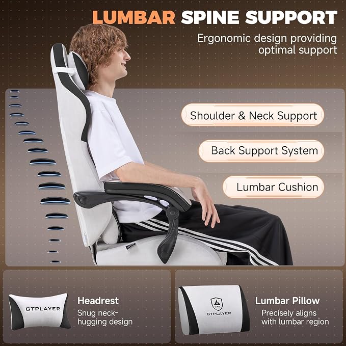 GTPLAYER Gaming Chair with Footrest, Ergonomic Office Chair 400lbs Heavy Duty, Big and Tall Computer Desk Chair with Lumbar Support and Headrest, Breathable Tech Fabric, 90-155° Recline Grey