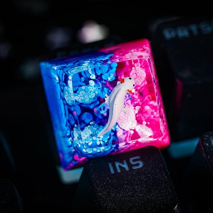 Pink Axolotl Artisan Keycap Pink Blue Ocean - 1U ESC, R1 SA Profile Custom Handmade Resin Cherry MX Switch Key Cap Mechanical Keyboard, Cool Tech Gifts for Men, Dad, Father, Gamer, Axolotl Lover