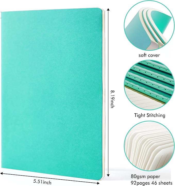 feela 8 Pack Soft Cover Journal Bulk, Notebooks College Ruled for Work, Lined Travel Journal for Women Men, Note Taking Notebook School Supplies Business Writing, 8.2” x 5.5”, A5, Emerald