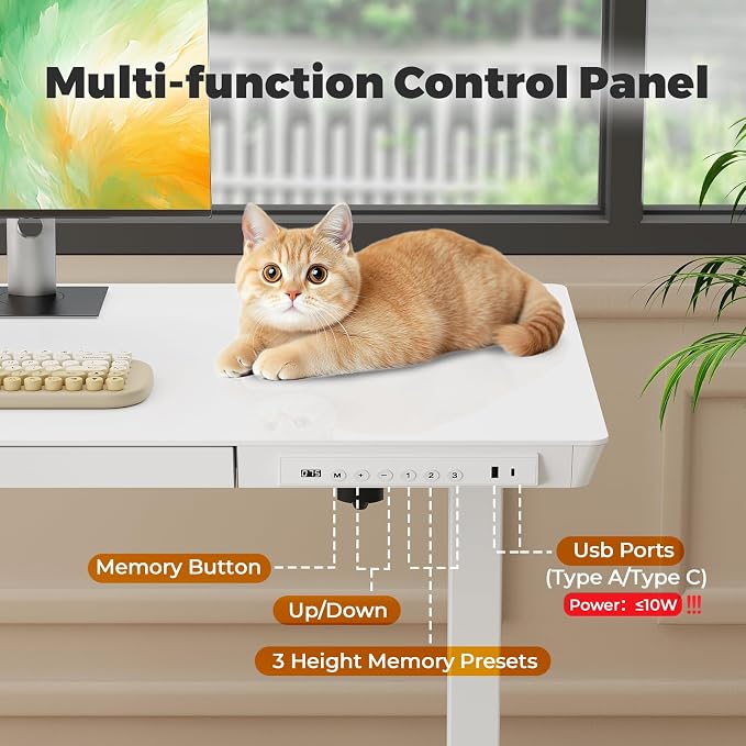 32" Electric Standing Desk with Drawer, Rolling Laptop Desk | Height Adjustable Quick Install One-Piece Tabletop with USB Charging Ports, Sit Stand Computer Desk for Small Space, White