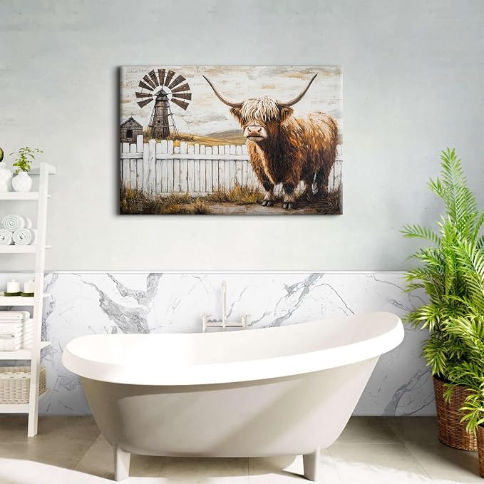 Rustic Cattle Canvas Wall Art Vintage Barn Painting Wall Decor Western Farm Longhorn Cow Pictures for Bedroom Autumn Wild Animal Poster Prints Modern Large Artwork for Living Room Decorations 32x48"