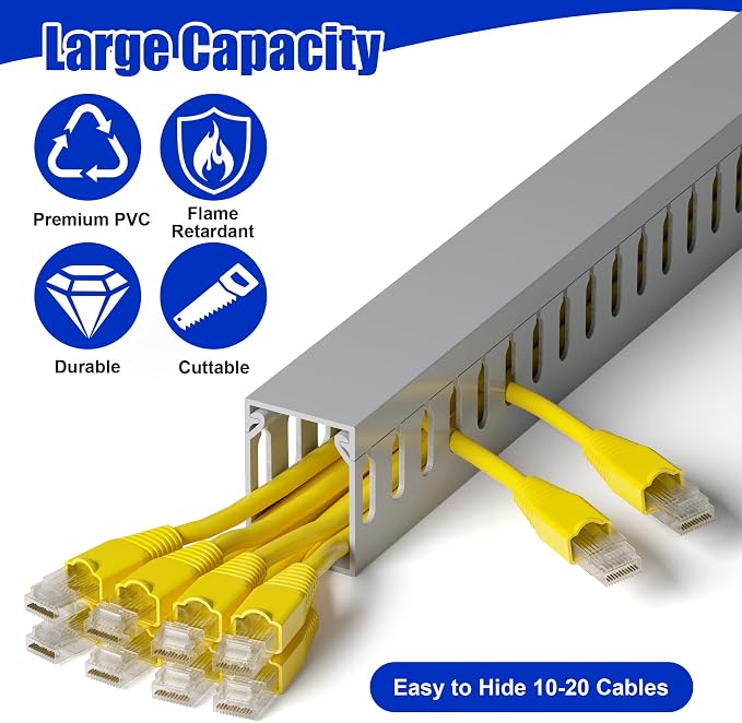 1.6"H x 1.2"W Cable Raceway, 99in Under Desk Wire Management Channel, Grey | Slotted Wire Duct, 6Pack, 16.5in Each, Heavy-Duty PVC Cable Management for Server Racks, Network Cables & Electrical Cabinets