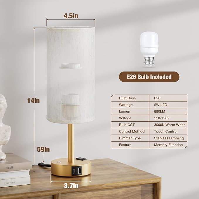 Touch Bedside Table Lamp with Memory - Stepless Dimmable Lamp for Bedroom, Small Nightstand Lamp with Dual USB Charging Ports and AC Outlet, Wood Night Light, Desk Lamp for Nursery (Cream & Gold)