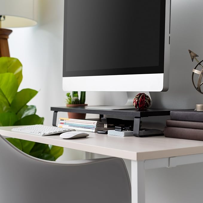 IRIS USA 1-Tier Multi-Purpose Modern PC Monitor Organizer Stand with Metal Legs, Ergonomic Desktop and Countertop Riser for Computer Laptop TV Kitchen Pantry and Closet Organization, Black | Elevates monitors and laptops while organizing keyboards, off...