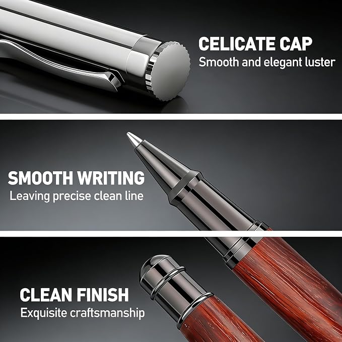 Luxury Rose Wood Rollerball Pen Set, 0.5mm Black Ink Handcrafted Rose Wood Signature Pen, Professional Executive Pens with Metal Box for Men Women
